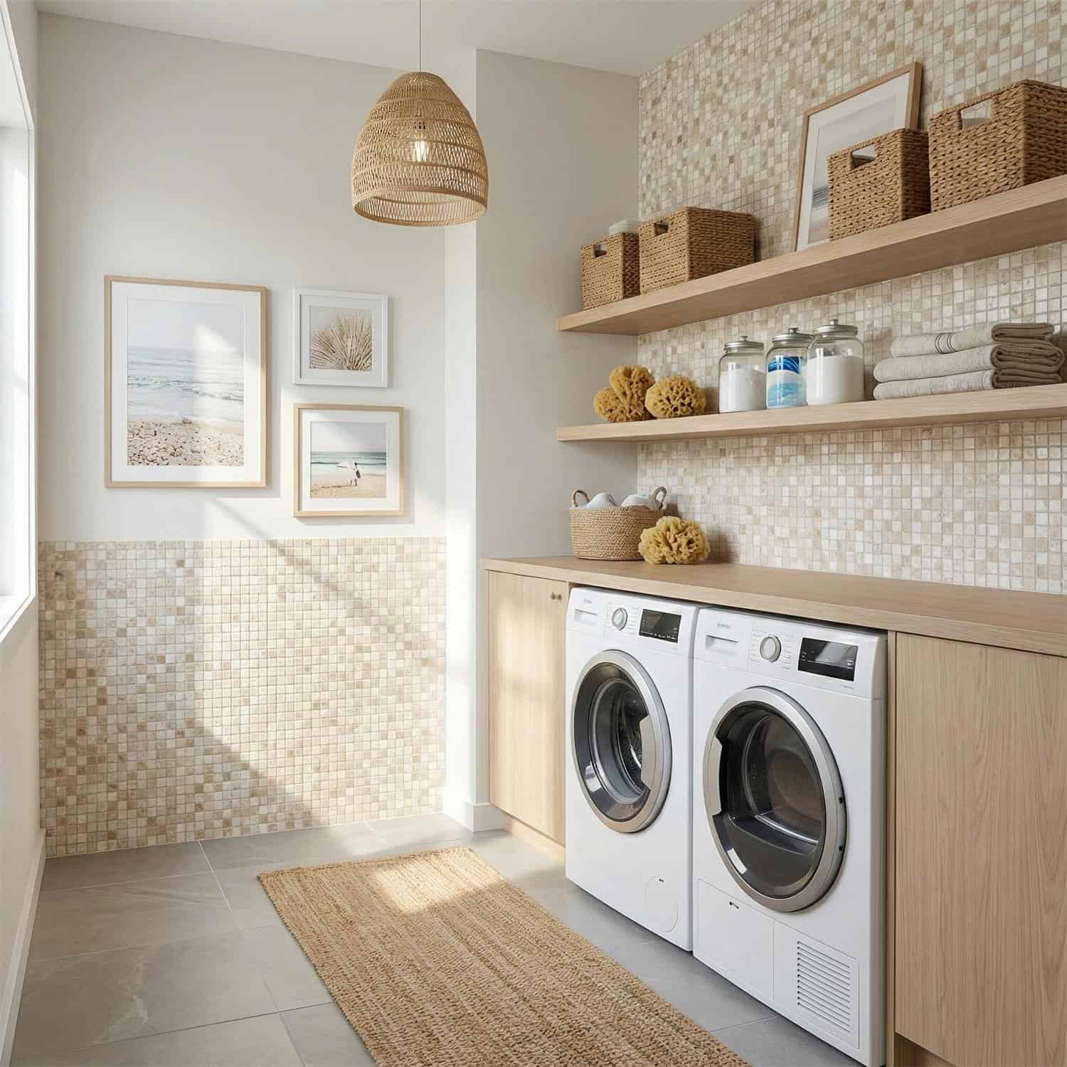 Mother of pearl shell tile in a laundry room with baskets and framed beach art.