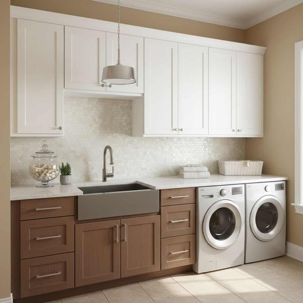 Modern laundry room with white cabinets, shell tile backsplash, and washer-dryer set.