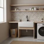 Beautiful shell tile backsplash with mother of pearl accents in a modern laundry room.