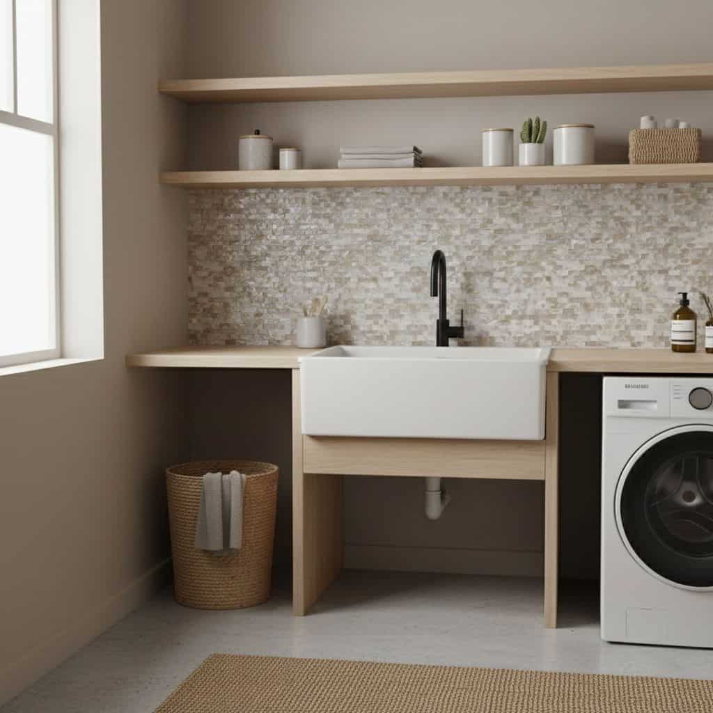 Beautiful shell tile backsplash with mother of pearl accents in a modern laundry room.