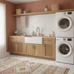 Mother of pearl shell tile backsplash in a cozy laundry room with washer and dryer, natural wood cabinetry, and decorative ac.