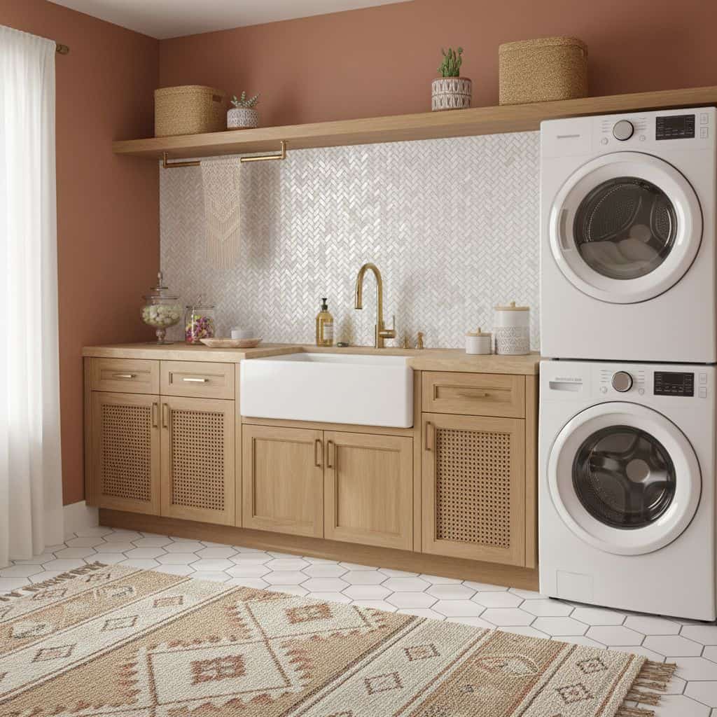 Mother of pearl shell tile backsplash in a cozy laundry room with washer and dryer, natural wood cabinetry, and decorative ac.