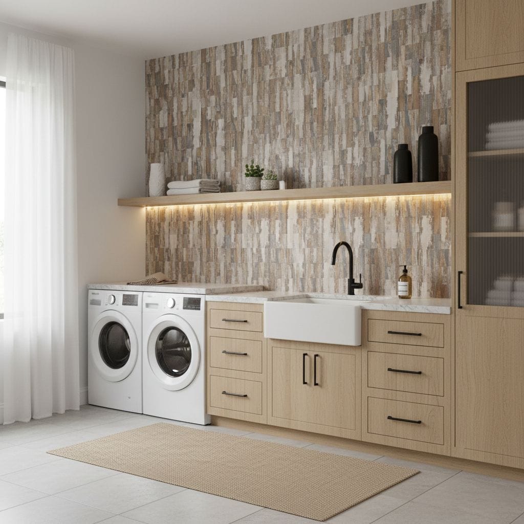 Laundry room featuring peel and stick wall tile behind sink and washer, with light wood cabinetry and minimalist decor.