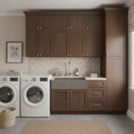 Laundry room with shell tile backsplash, wooden cabinets, utility sink, and modern washer and dryer.