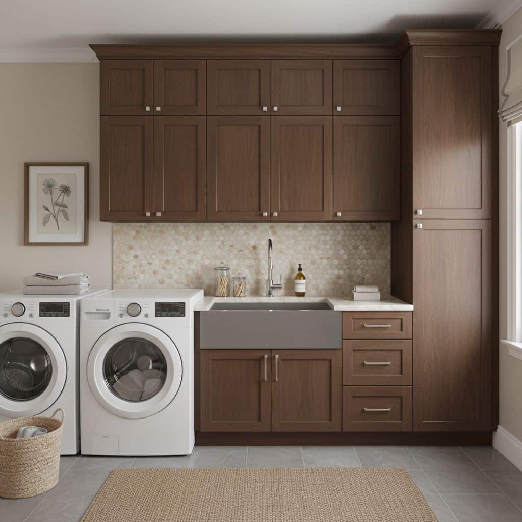 Laundry room with shell tile backsplash, wooden cabinets, utility sink, and modern washer and dryer.