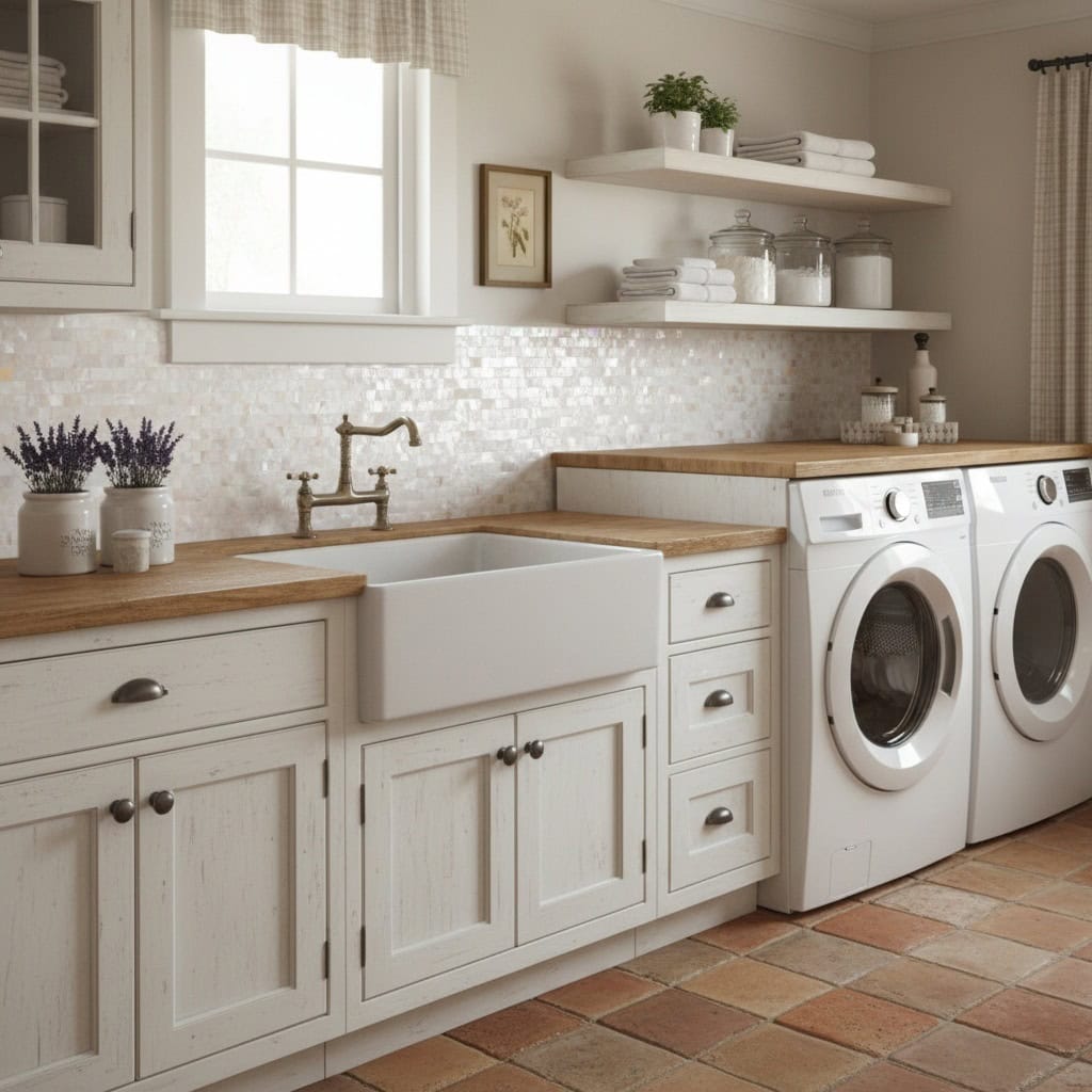 Mother of pearl shell tile decorates the laundry room wall, adding a luxurious and natural touch to the space.