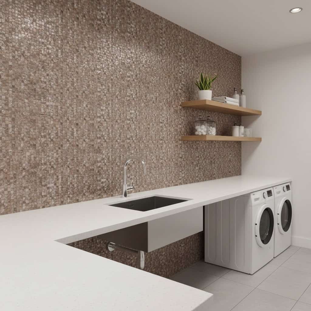 A modern laundry room featuring a wall covered with mother of pearl shell tiles, adding a luxurious and natural touch to the.