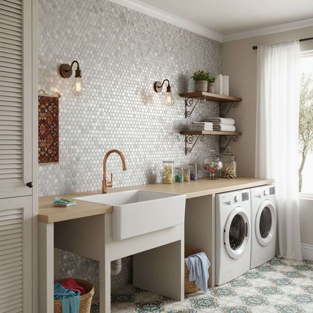 Bright white hexagon tiles with a matte finish, creating a clean and modern look.