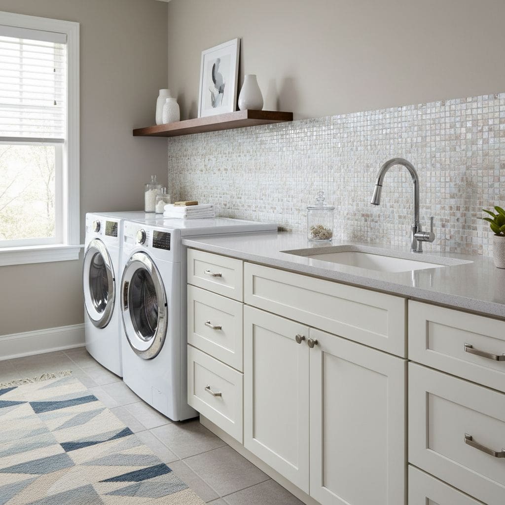 Laundry room featuring a glass mosaic backsplash, washer and dryer, and white cabinetry for a clean, contemporary look.