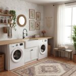 Bright laundry room featuring a beautiful mother of pearl shell tile backsplash. Elegant pearl and seashell accents create a.