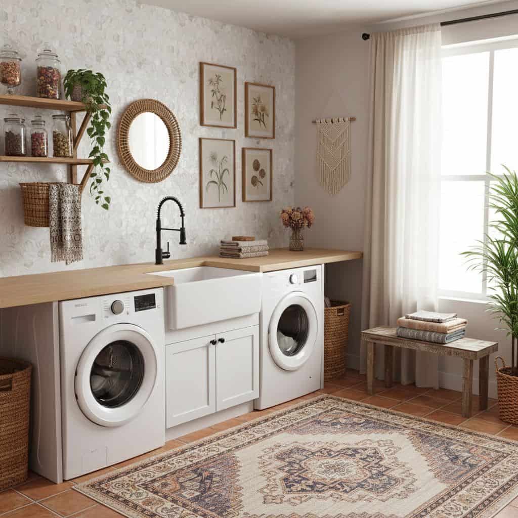 Bright laundry room featuring a beautiful mother of pearl shell tile backsplash. Elegant pearl and seashell accents create a.