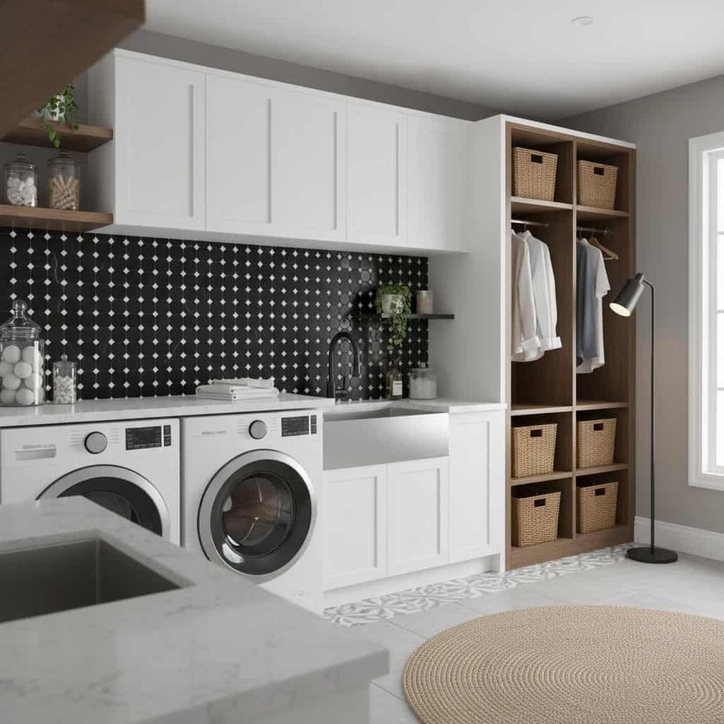 Bright laundry room featuring white cabinetry, black and white tiled backsplash, and wooden open shelves with baskets.