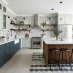 Bright, textured gray and white mosaic tiles with dark gray hexagonal floor tiles.