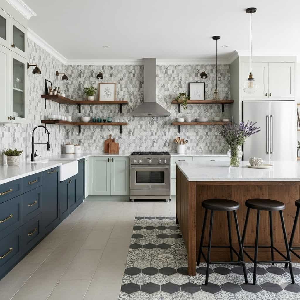 Bright, textured gray and white mosaic tiles with dark gray hexagonal floor tiles.