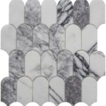 White marble mosaic tile with gray veining, smooth texture, and a polished finish, ideal for sophisticated interior accents.