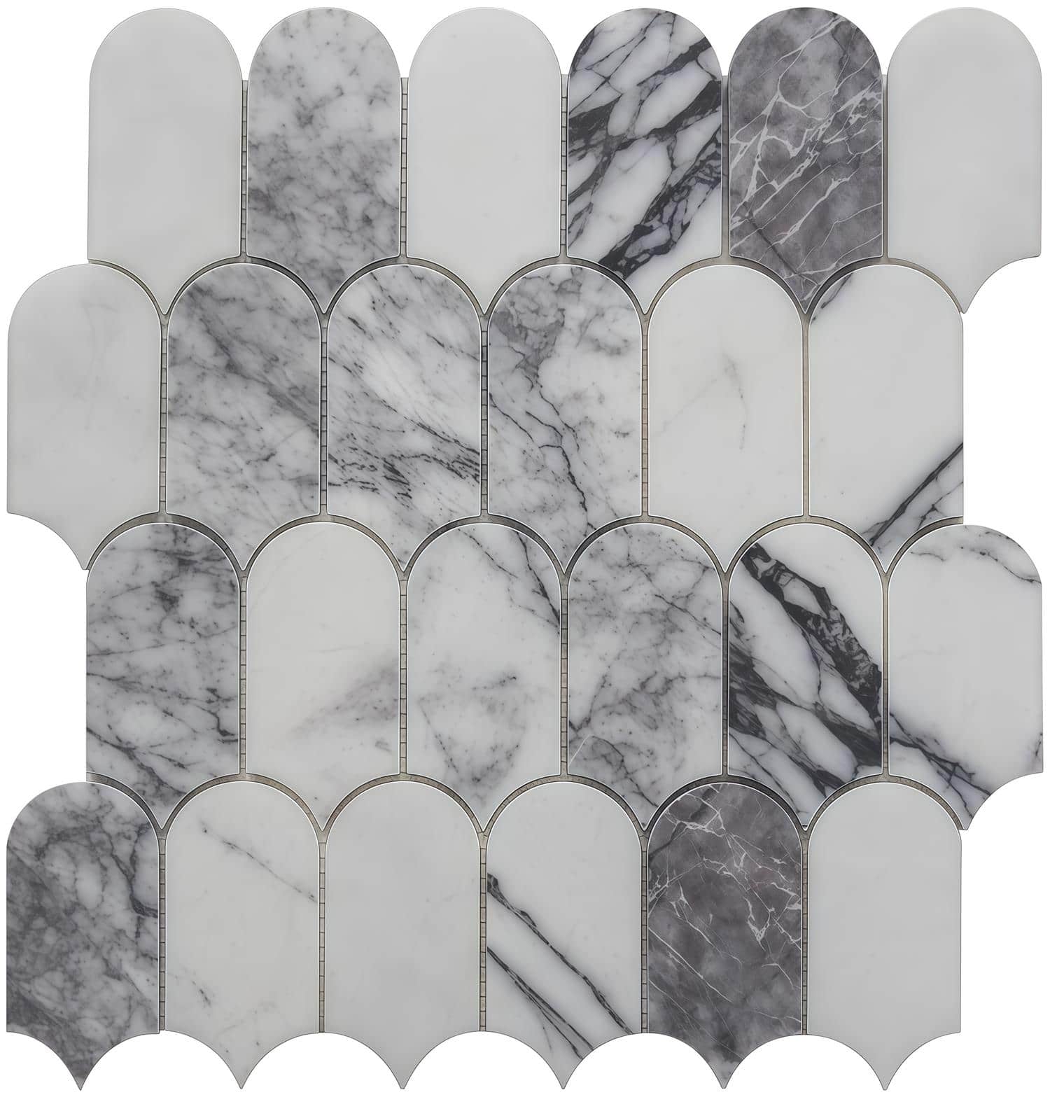 White marble mosaic tile with gray veining, smooth texture, and a polished finish, ideal for sophisticated interior accents.