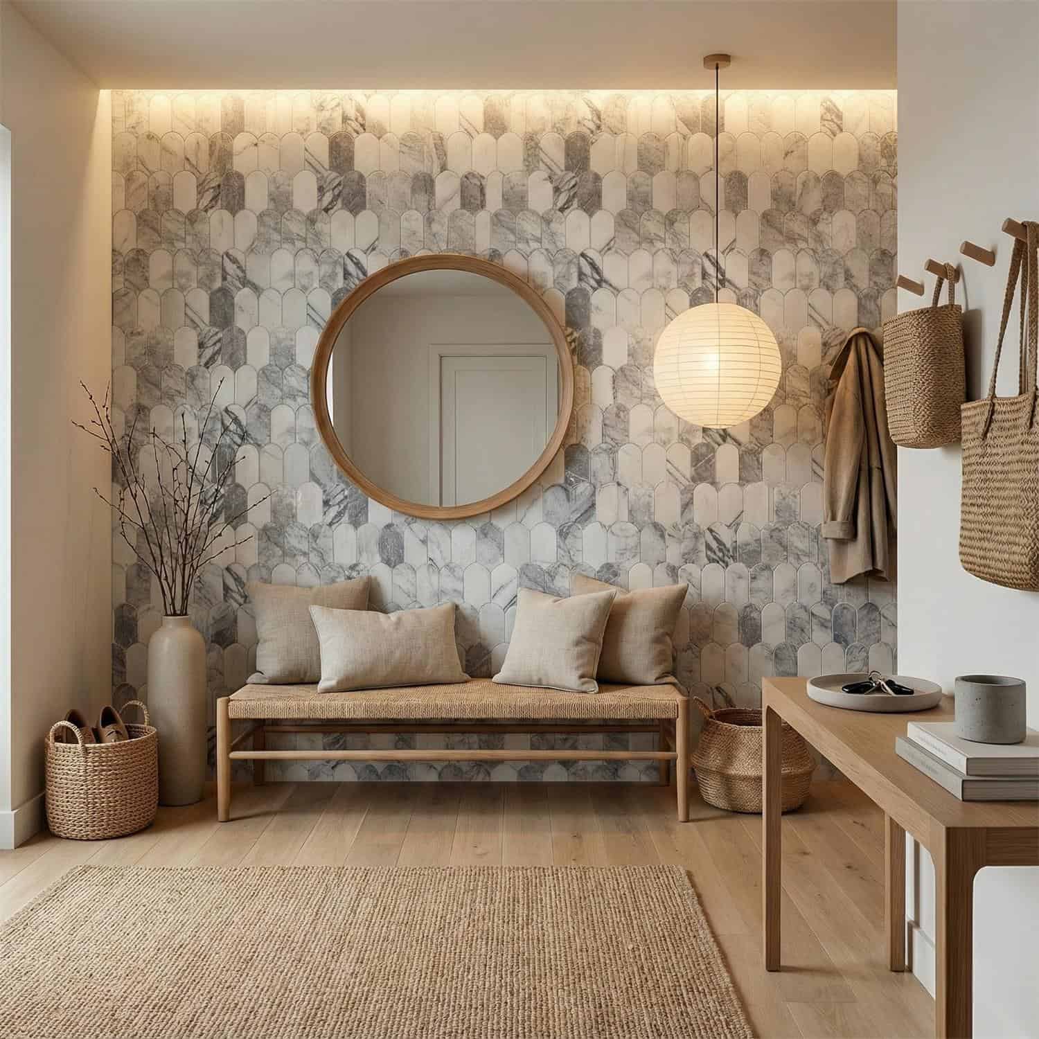Geometric marble tile wall with shades of gray and white, textured surface, in a cozy entryway with a wooden bench and decora.