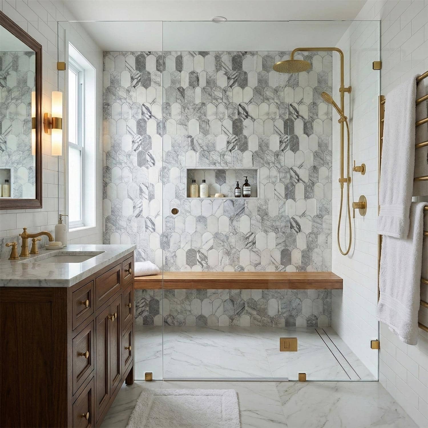 Elegant marble hexagon tiles with a wooden bench in a modern shower.