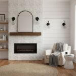 Mother of pearl shell tile accent wall with fireplace and modern decor in a cozy living room.