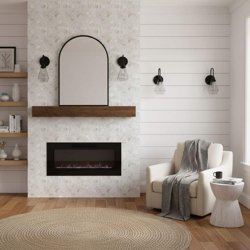 Mother of pearl shell tile accent wall with fireplace and modern decor in a cozy living room.