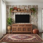 Modern living room with peel and stick tile wall behind TV, featuring decorative shelf and plants.