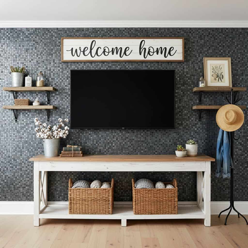Decorative peel and stick tile wall with a "welcome home" sign and cozy accents.