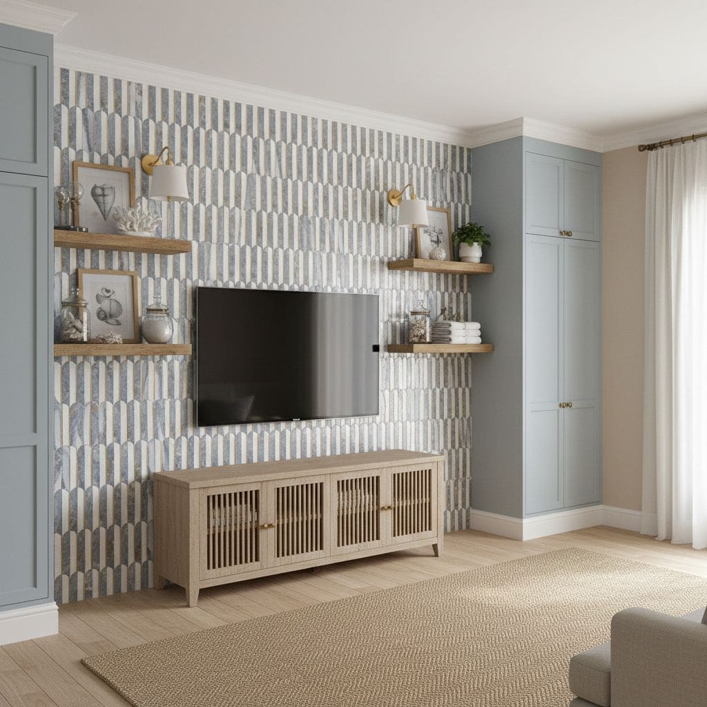 Living Room TV Wall Blue Grey Marble Peel And Stick Tile