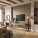 Decorative shell tile wall with mother of pearl and oyster shell accents in a cozy living room.