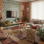 Modern living room featuring peel and stick wall tile behind TV, with cozy sofa and decorative plants.