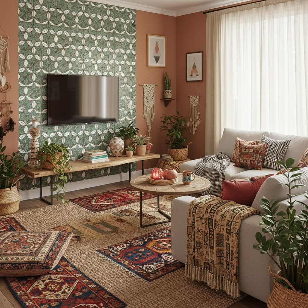 Modern living room featuring peel and stick wall tile behind TV, with cozy sofa and decorative plants.