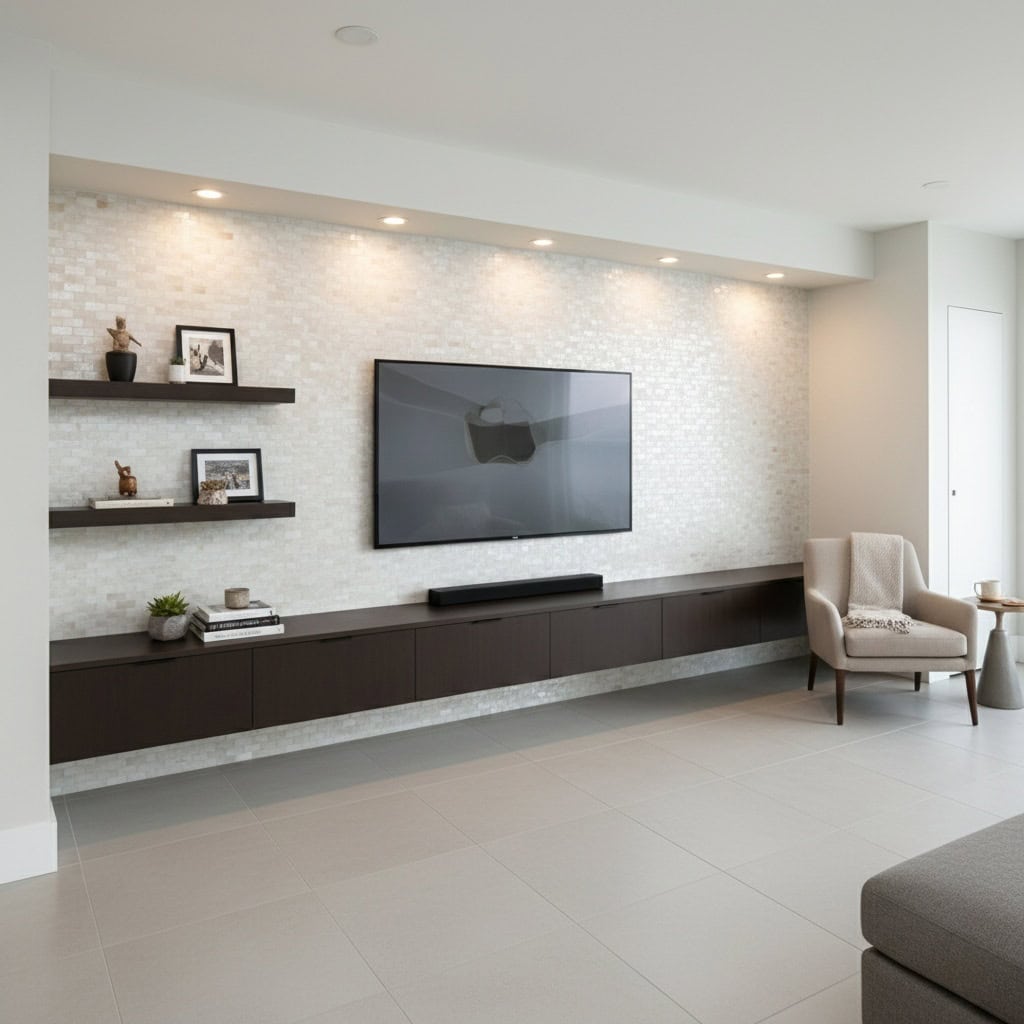Mother of pearl shell tile wall decor in a modern living room with floating shelf and TV. Elegant seashell tile adds a natura.