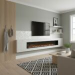 A modern living room featuring a sleek shell tile wall accent with mother of pearl and pearl tiles, adding elegance and textu.