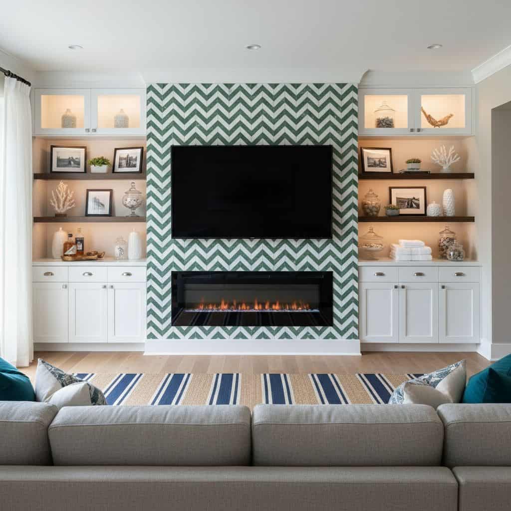 Modern living room with peel and stick wall tile behind fireplace and TV, featuring built-in shelves and decorative accents.