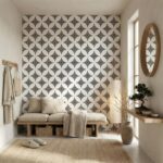 Decorative black and white geometric patterned tile wall.