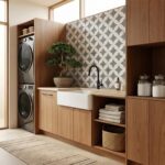 Modern laundry room with wooden cabinets, a white farmhouse sink, and a decorative black and white geometric patterned tile w.