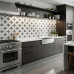 Geometric patterned tile wall in black and white, with a matte finish, in a modern kitchen setting.