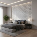 Light gray circular patterned wall tile, smooth texture, contemporary design.