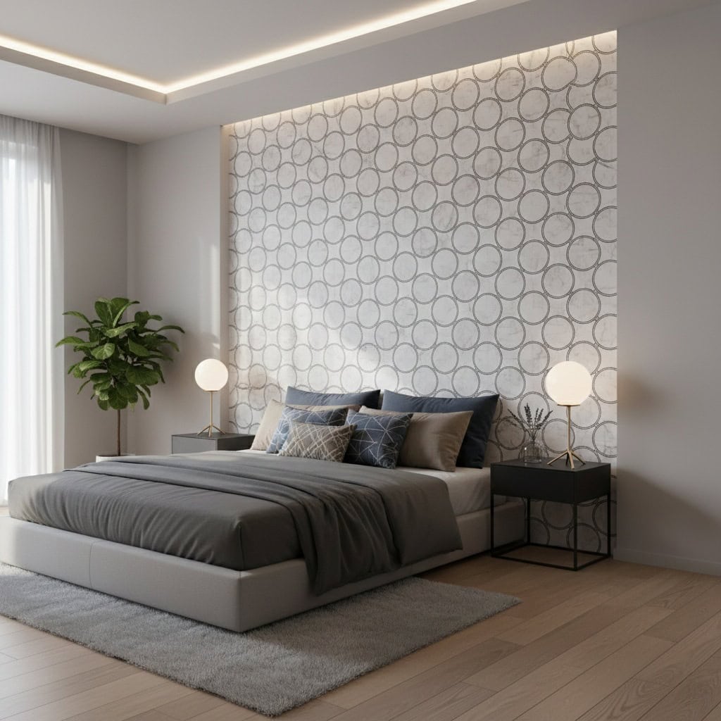 Light gray circular patterned wall tile, smooth texture, contemporary design.