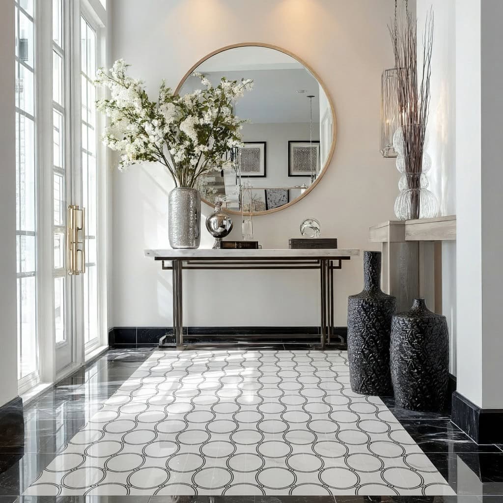 Black and white patterned ceramic tiles with a glossy finish and circular design.