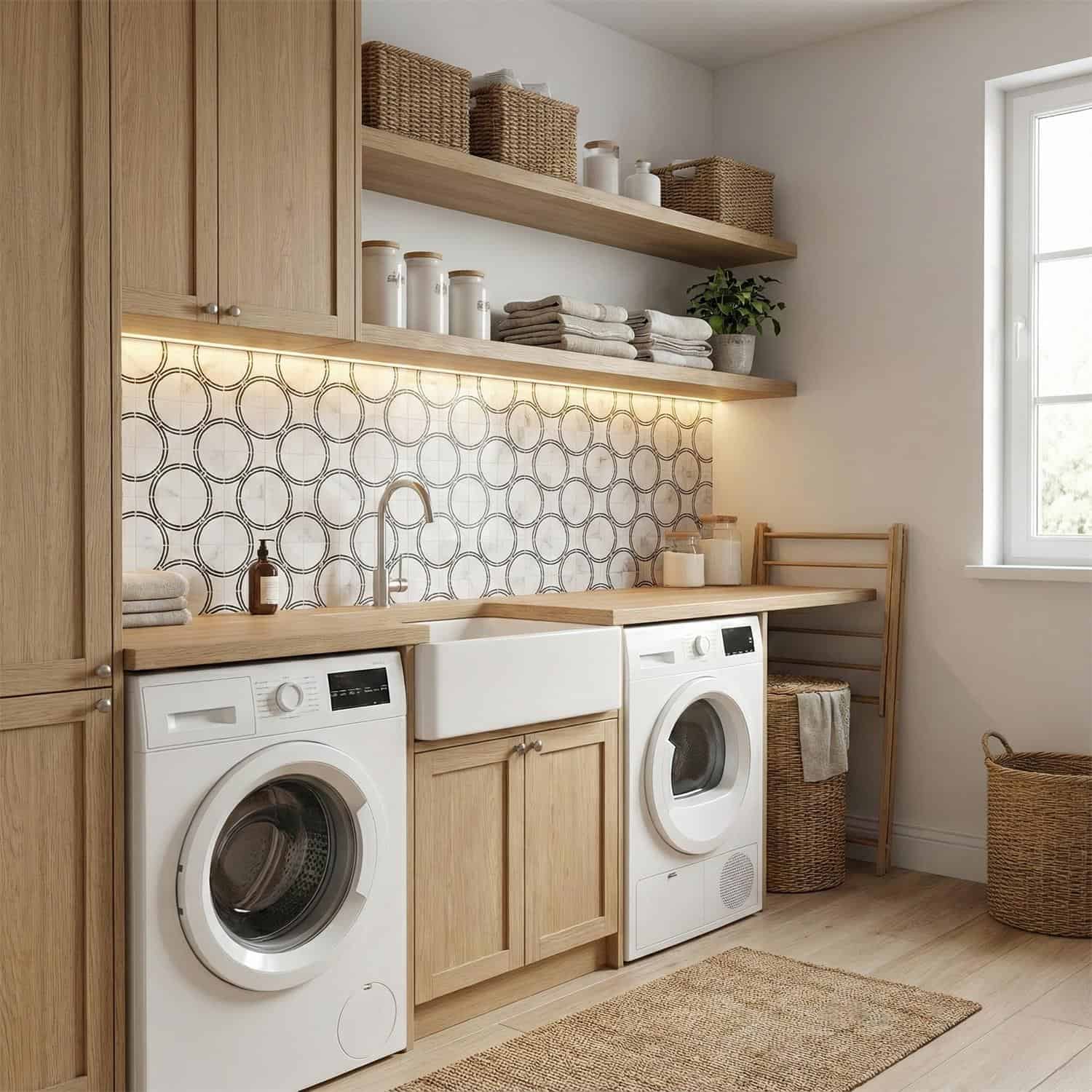 Light gray geometric patterned tile with a matte finish, installed as a backsplash behind the laundry area.