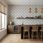 Light-colored tile with black circle pattern, textured surface, in a contemporary kitchen setting.