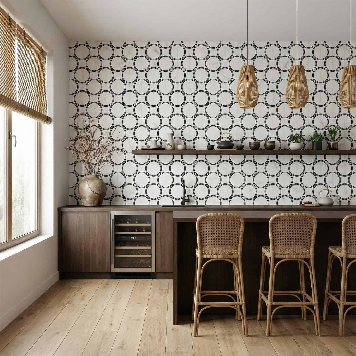 Light-colored tile with black circle pattern, textured surface, in a contemporary kitchen setting.