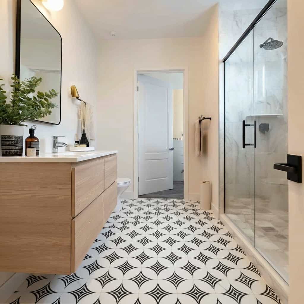 Bright bathroom with white and black geometric patterned tiles, wooden vanity, glass shower enclosure, and minimal decor.
