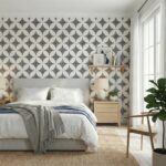 Geometric patterned ceramic tile wall in black and white, with a smooth matte finish and intricate design.