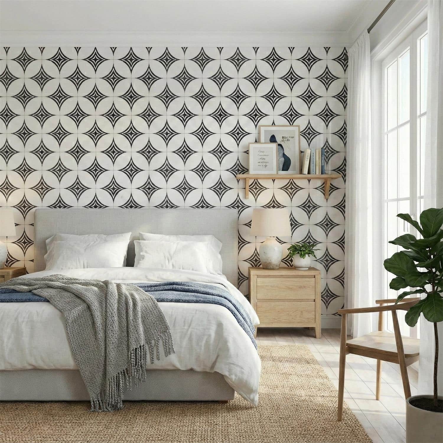 Geometric patterned ceramic tile wall in black and white, with a smooth matte finish and intricate design.