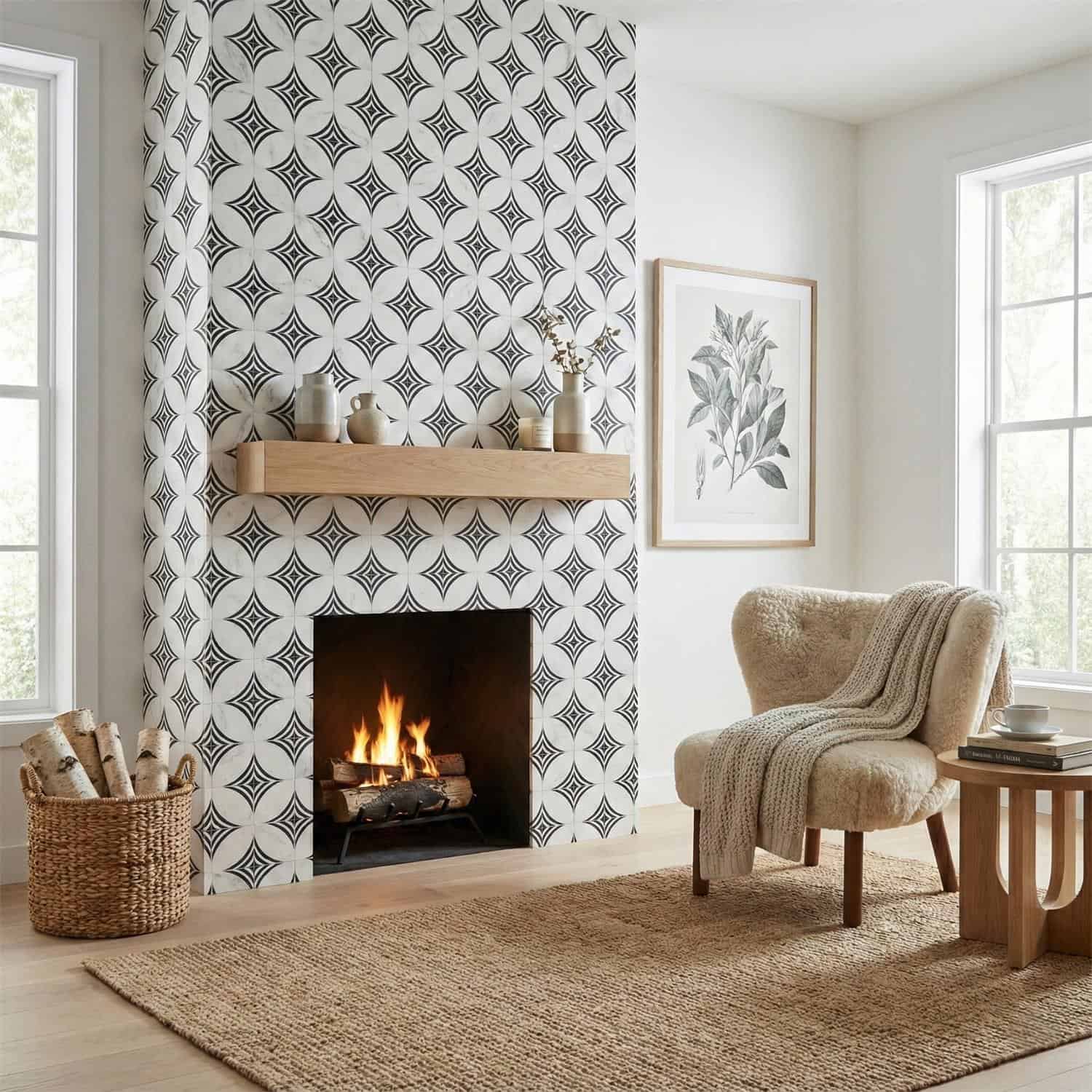 A fireplace with a black and white geometric patterned tile surround, complemented by a wooden mantel and cozy beige armchair.