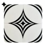 Black and white geometric ceramic tile with a glossy finish, featuring a starburst pattern.