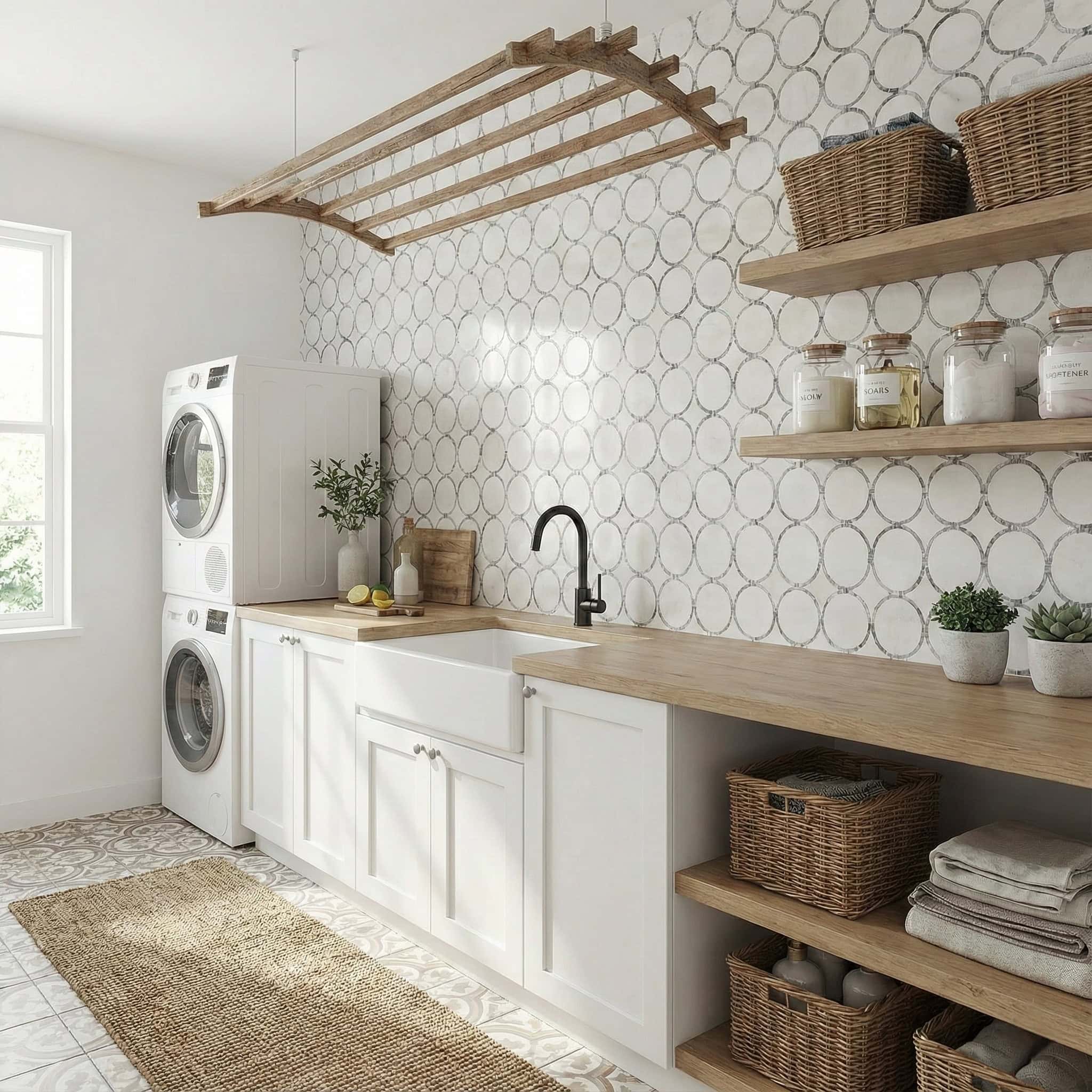 Bright laundry room with white cabinetry and beige patterned ceramic tiles on the wall, creating a clean and cozy space.