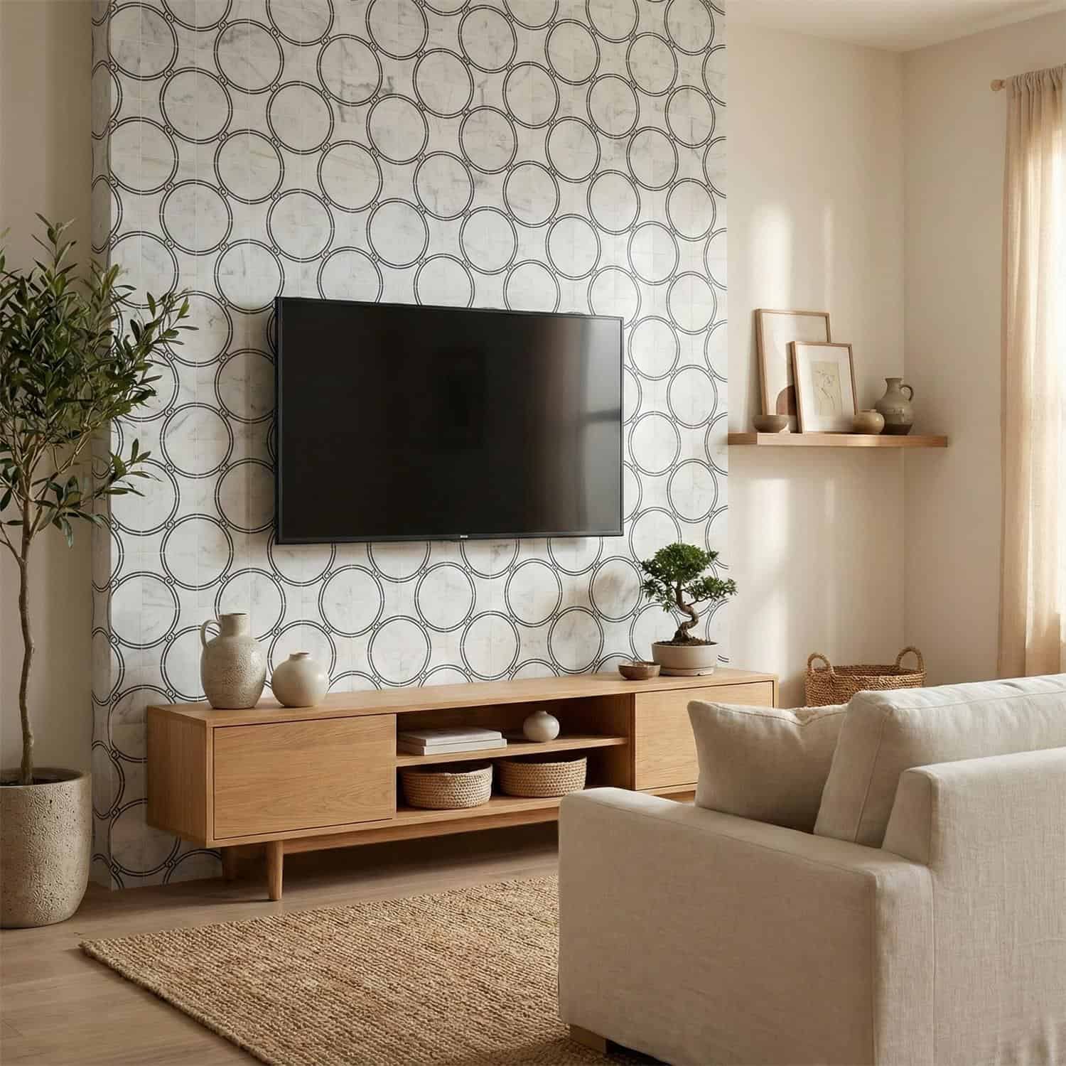 Light gray textured ceramic tile with circular design.