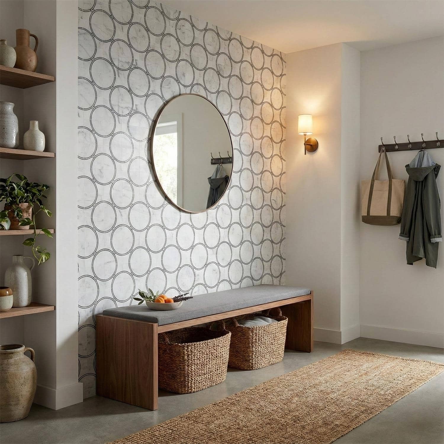 Circular pattern wallpaper in neutral tones, textured finish, modern design.